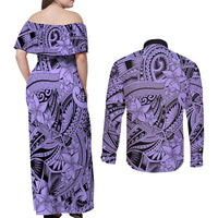 Polynesia Couples Matching Off Shoulder Maxi Dress and Long Sleeve Button Shirt Tribal Polynesian Spirit With Violet Pacific Flowers LT9 - Wonder Print Shop