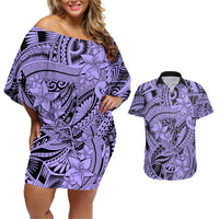 Polynesia Couples Matching Off Shoulder Short Dress and Hawaiian Shirt Tribal Polynesian Spirit With Violet Pacific Flowers LT9 - Wonder Print Shop