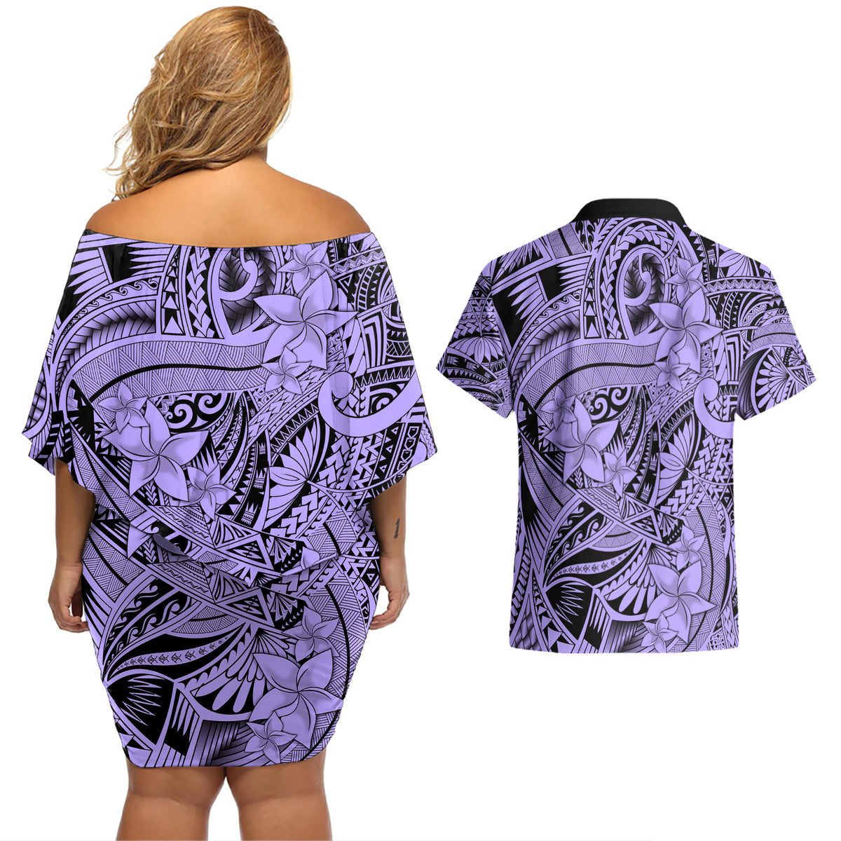 Polynesia Couples Matching Off Shoulder Short Dress and Hawaiian Shirt Tribal Polynesian Spirit With Violet Pacific Flowers LT9 - Wonder Print Shop