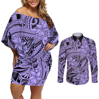 Polynesia Couples Matching Off Shoulder Short Dress and Long Sleeve Button Shirt Tribal Polynesian Spirit With Violet Pacific Flowers LT9 - Wonder Print Shop