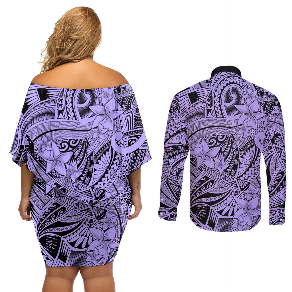 Polynesia Couples Matching Off Shoulder Short Dress and Long Sleeve Button Shirt Tribal Polynesian Spirit With Violet Pacific Flowers LT9 - Wonder Print Shop