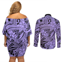 Polynesia Couples Matching Off Shoulder Short Dress and Long Sleeve Button Shirt Tribal Polynesian Spirit With Violet Pacific Flowers LT9 - Wonder Print Shop