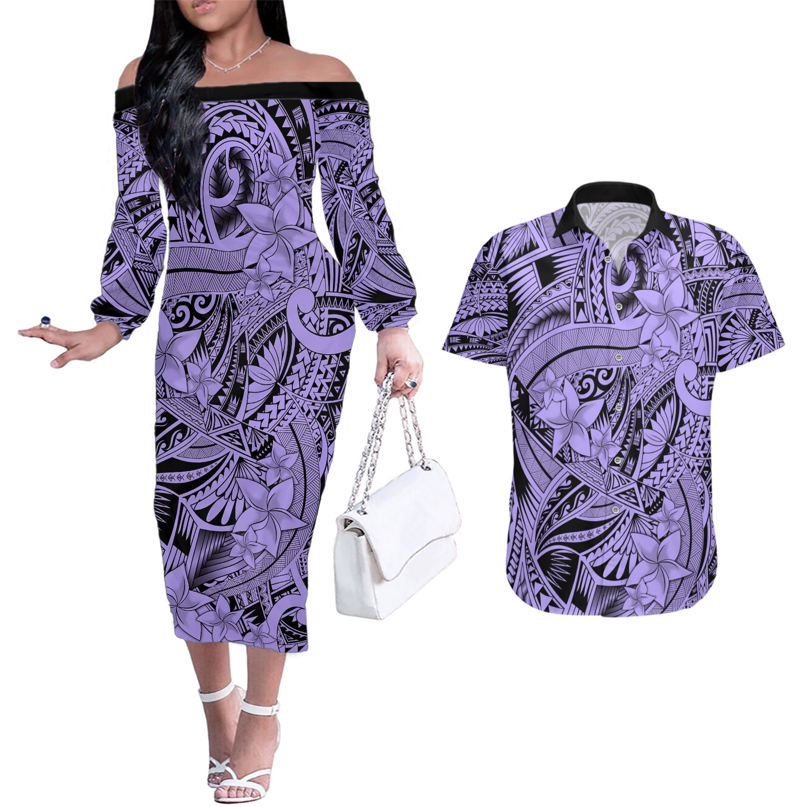 Polynesia Couples Matching Off The Shoulder Long Sleeve Dress and Hawaiian Shirt Tribal Polynesian Spirit With Violet Pacific Flowers LT9 - Wonder Print Shop
