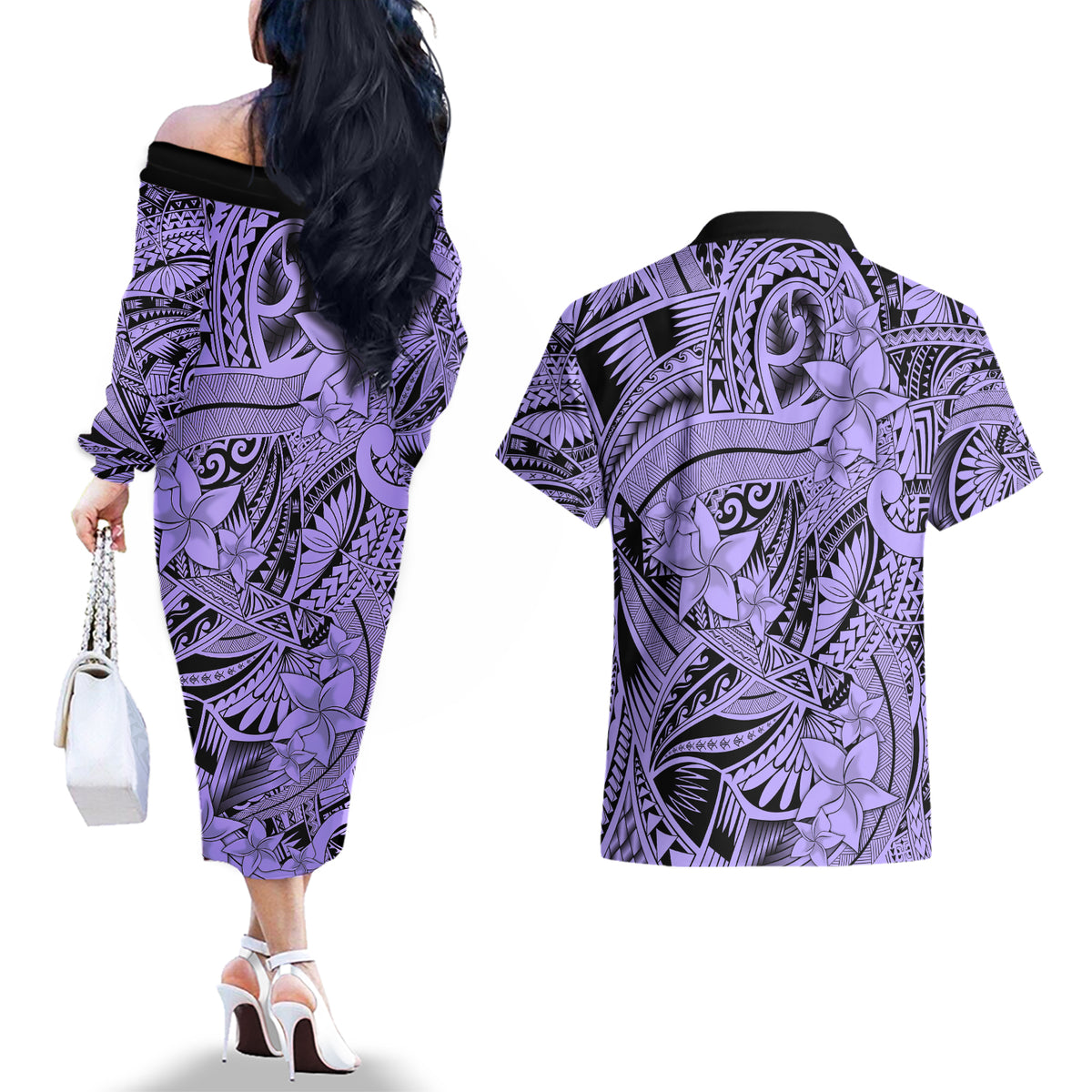 Polynesia Couples Matching Off The Shoulder Long Sleeve Dress and Hawaiian Shirt Tribal Polynesian Spirit With Violet Pacific Flowers LT9 - Wonder Print Shop