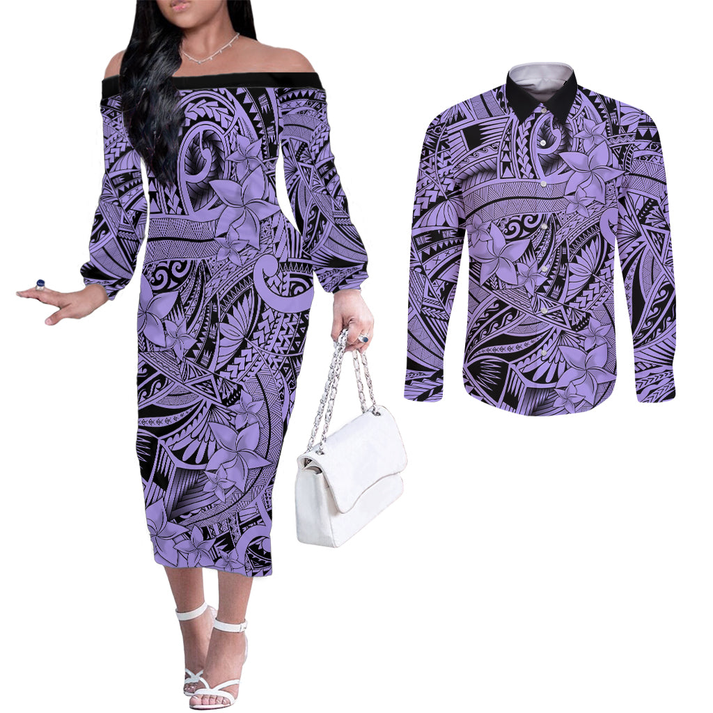 polynesia-couples-matching-off-the-shoulder-long-sleeve-dress-and-long-sleeve-button-shirt-tribal-polynesian-spirit-with-violet-pacific-flowers