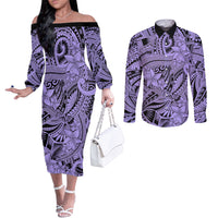 polynesia-couples-matching-off-the-shoulder-long-sleeve-dress-and-long-sleeve-button-shirt-tribal-polynesian-spirit-with-violet-pacific-flowers