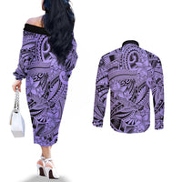 polynesia-couples-matching-off-the-shoulder-long-sleeve-dress-and-long-sleeve-button-shirt-tribal-polynesian-spirit-with-violet-pacific-flowers