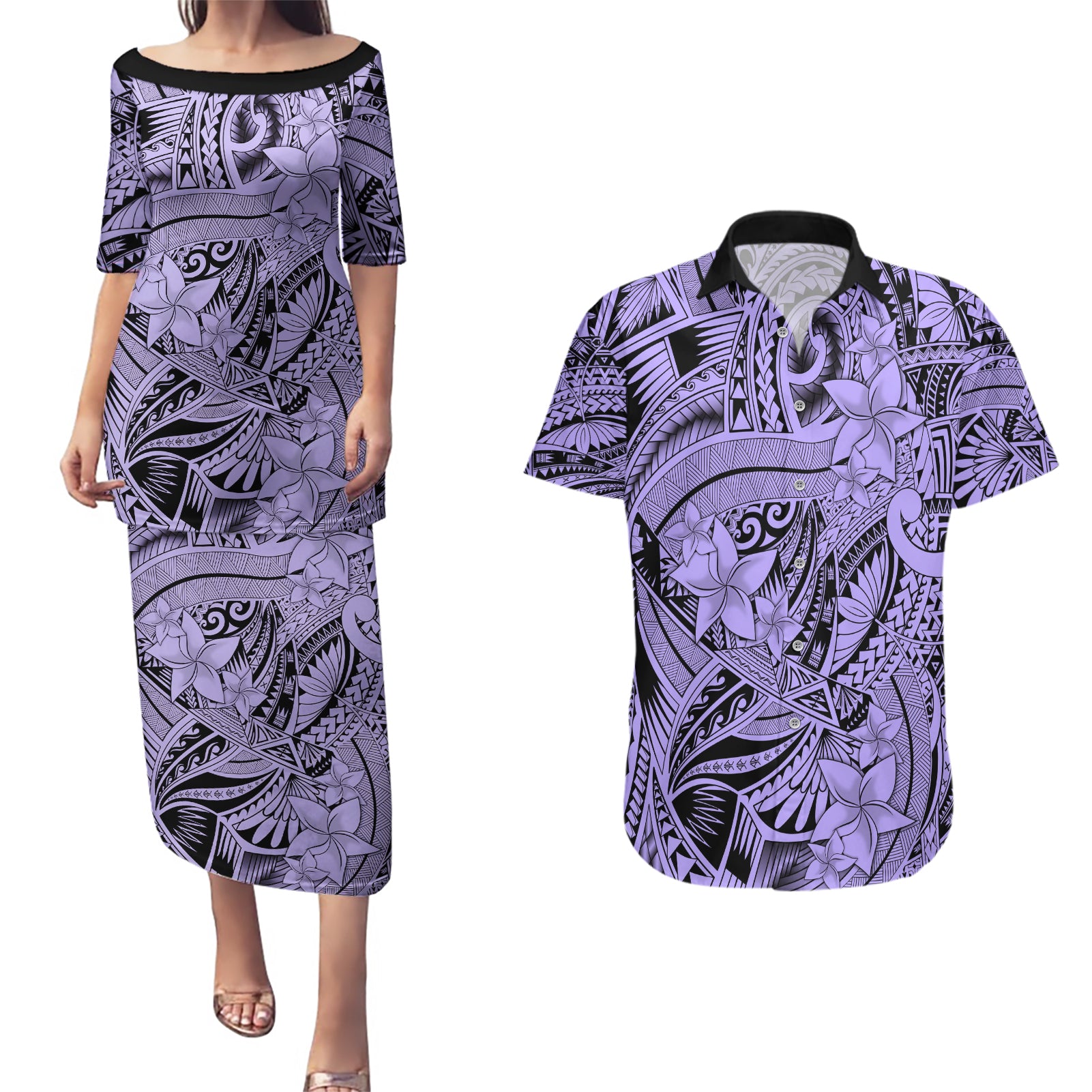 Polynesia Couples Matching Puletasi Dress and Hawaiian Shirt Tribal Polynesian Spirit With Violet Pacific Flowers LT9 - Wonder Print Shop