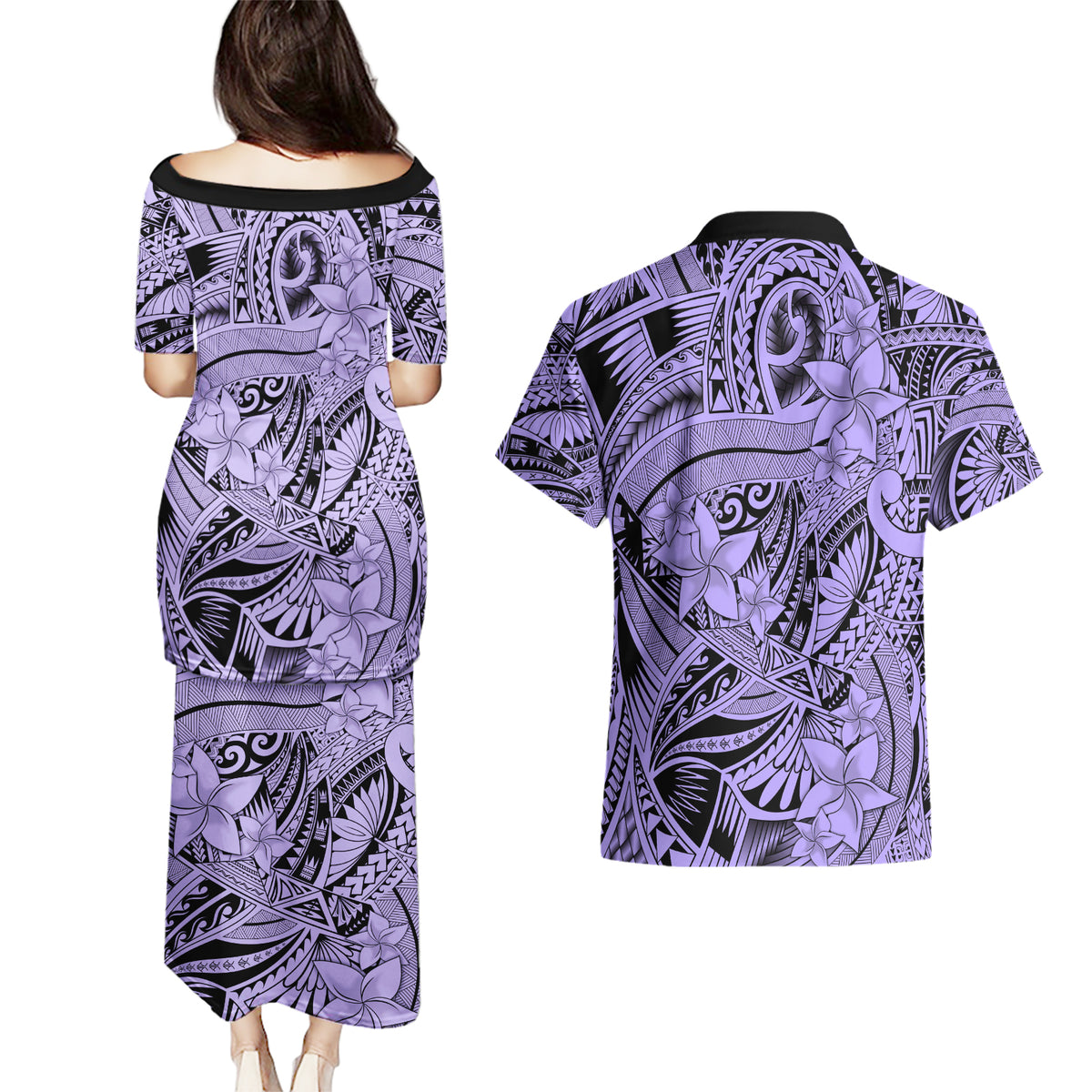 Polynesia Couples Matching Puletasi Dress and Hawaiian Shirt Tribal Polynesian Spirit With Violet Pacific Flowers LT9 - Wonder Print Shop
