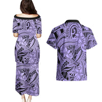 Polynesia Couples Matching Puletasi Dress and Hawaiian Shirt Tribal Polynesian Spirit With Violet Pacific Flowers LT9 - Wonder Print Shop
