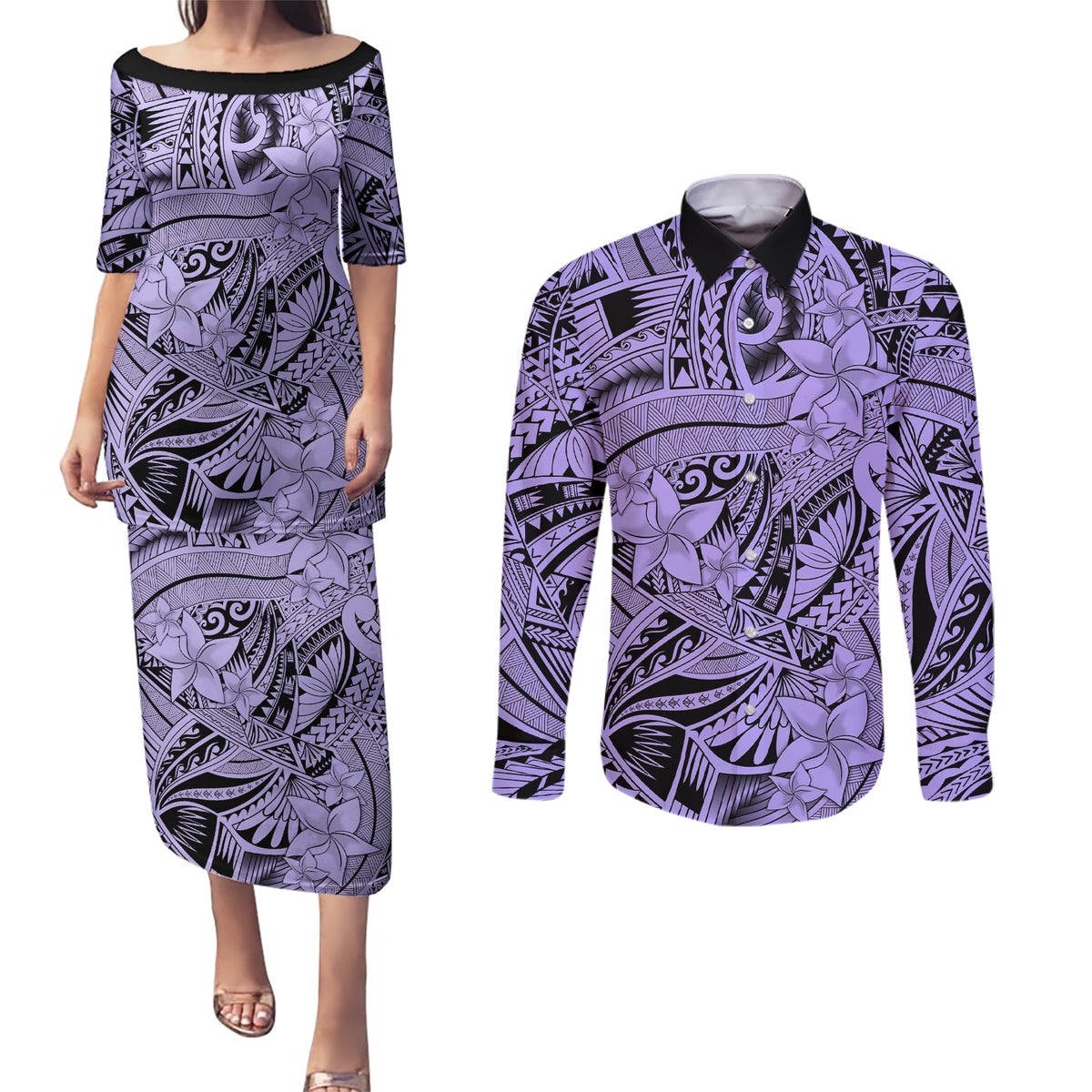 Polynesia Couples Matching Puletasi Dress and Long Sleeve Button Shirt Tribal Polynesian Spirit With Violet Pacific Flowers LT9 - Wonder Print Shop