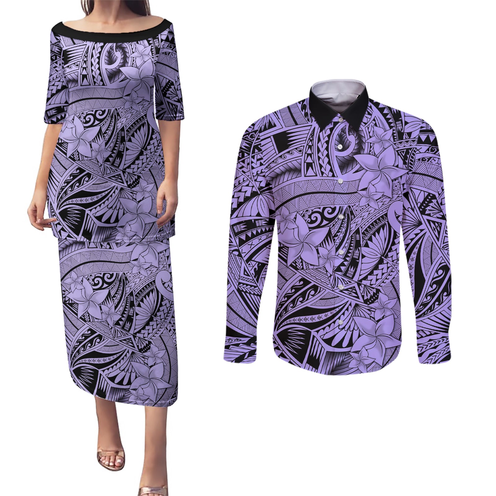 Polynesia Couples Matching Puletasi Dress and Long Sleeve Button Shirt Tribal Polynesian Spirit With Violet Pacific Flowers LT9 - Wonder Print Shop