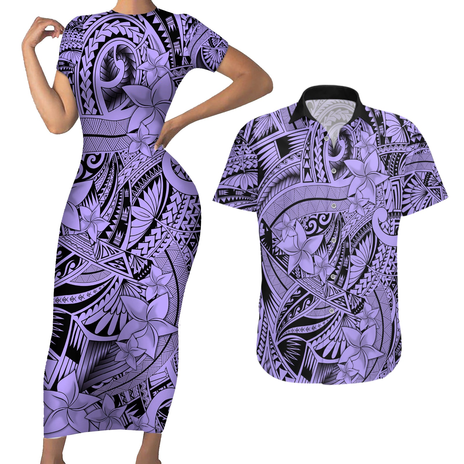 Polynesia Couples Matching Short Sleeve Bodycon Dress and Hawaiian Shirt Tribal Polynesian Spirit With Violet Pacific Flowers LT9 - Wonder Print Shop