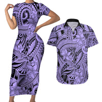 Polynesia Couples Matching Short Sleeve Bodycon Dress and Hawaiian Shirt Tribal Polynesian Spirit With Violet Pacific Flowers LT9 - Wonder Print Shop