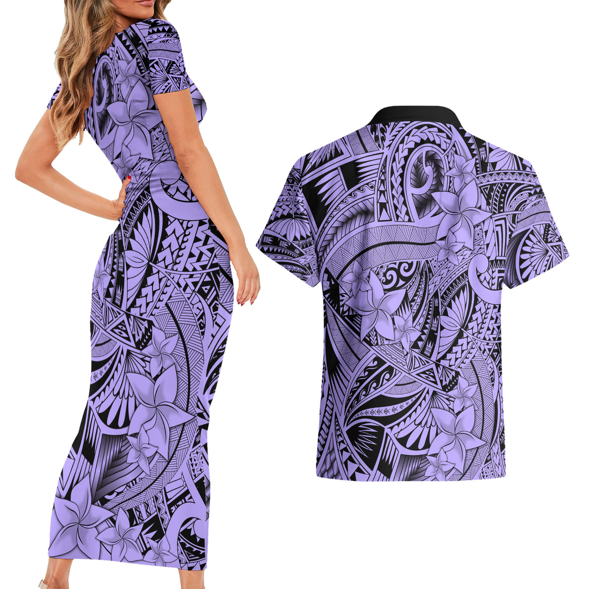 Polynesia Couples Matching Short Sleeve Bodycon Dress and Hawaiian Shirt Tribal Polynesian Spirit With Violet Pacific Flowers LT9 - Wonder Print Shop