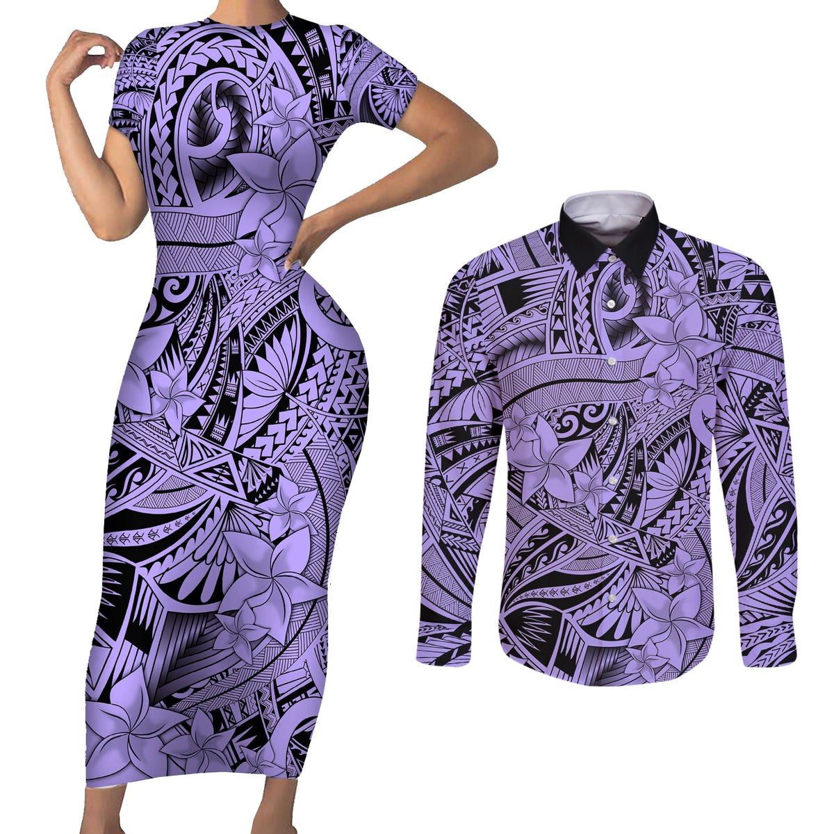 Polynesia Couples Matching Short Sleeve Bodycon Dress and Long Sleeve Button Shirt Tribal Polynesian Spirit With Violet Pacific Flowers LT9 - Wonder Print Shop