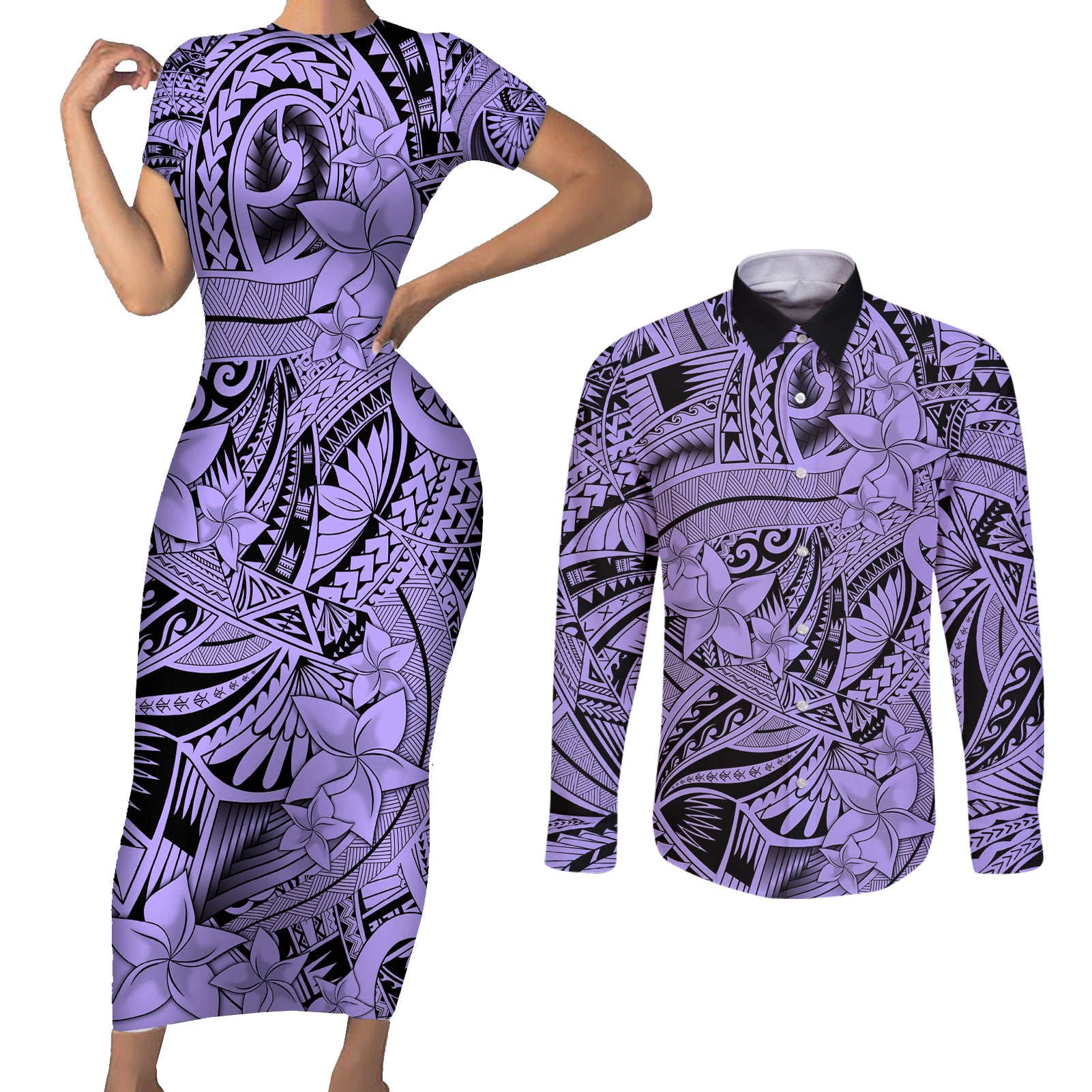 Polynesia Couples Matching Short Sleeve Bodycon Dress and Long Sleeve Button Shirt Tribal Polynesian Spirit With Violet Pacific Flowers LT9 - Wonder Print Shop