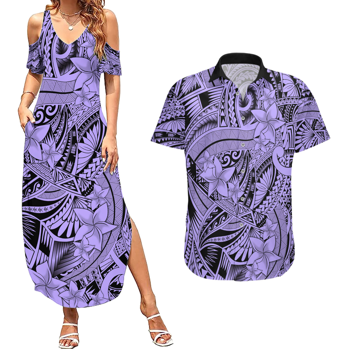 Polynesia Couples Matching Summer Maxi Dress and Hawaiian Shirt Tribal Polynesian Spirit With Violet Pacific Flowers LT9 - Wonder Print Shop