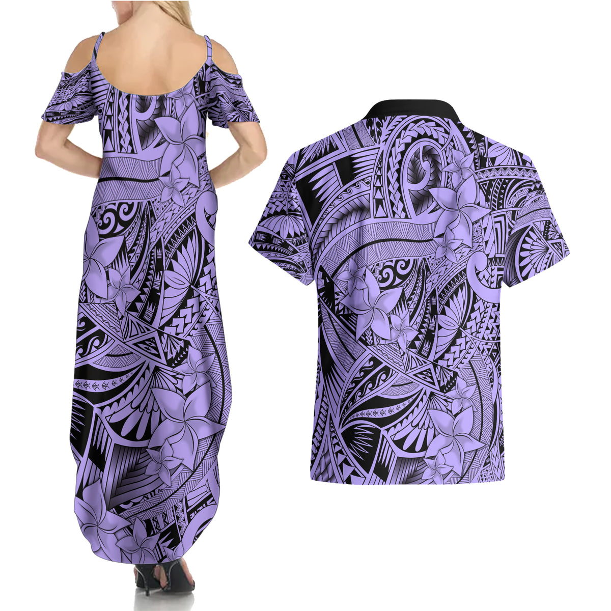Polynesia Couples Matching Summer Maxi Dress and Hawaiian Shirt Tribal Polynesian Spirit With Violet Pacific Flowers LT9 - Wonder Print Shop