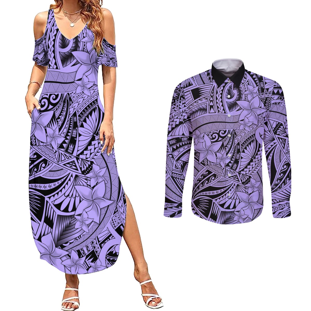 Polynesia Couples Matching Summer Maxi Dress and Long Sleeve Button Shirt Tribal Polynesian Spirit With Violet Pacific Flowers LT9 - Wonder Print Shop