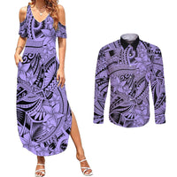 Polynesia Couples Matching Summer Maxi Dress and Long Sleeve Button Shirt Tribal Polynesian Spirit With Violet Pacific Flowers LT9 - Wonder Print Shop