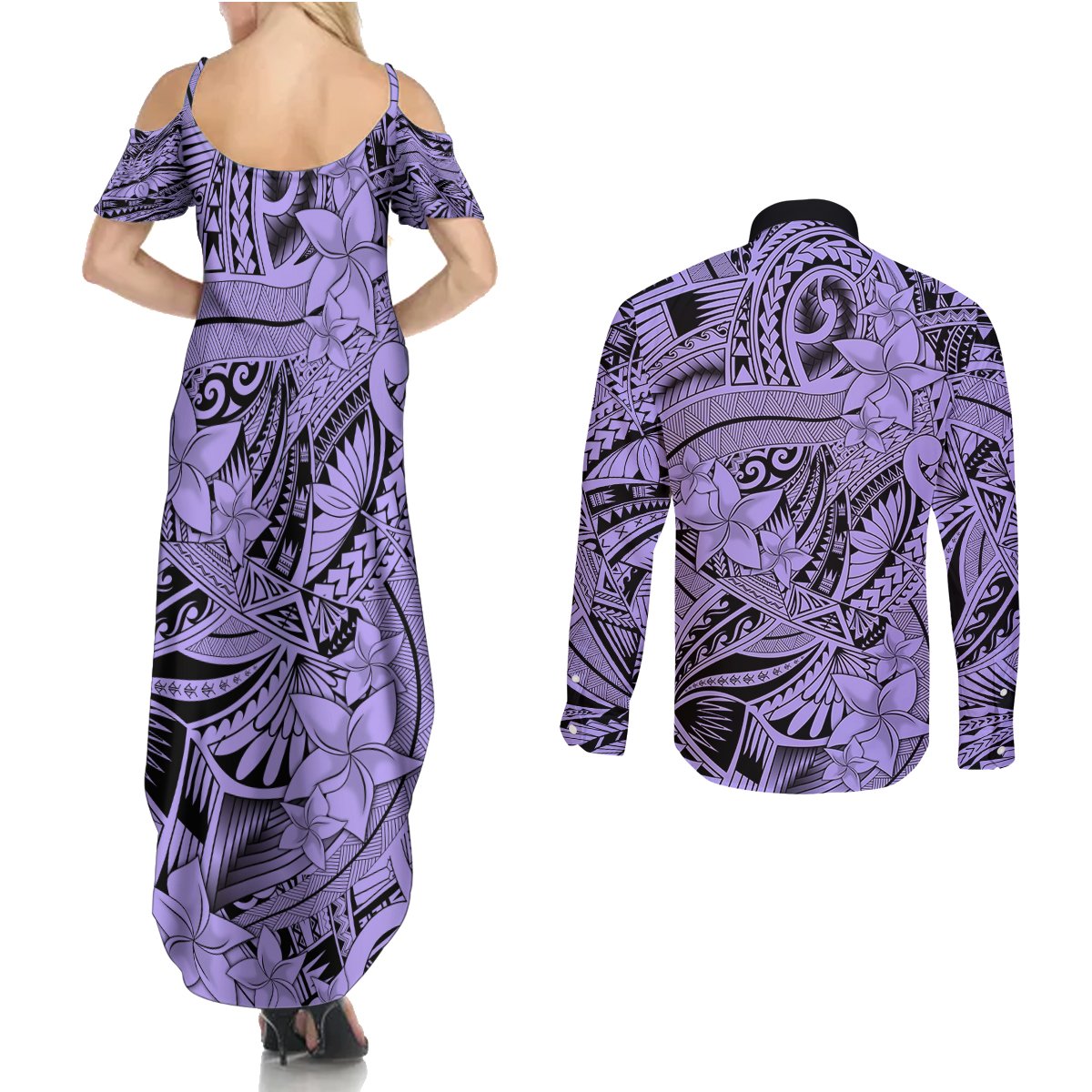Polynesia Couples Matching Summer Maxi Dress and Long Sleeve Button Shirt Tribal Polynesian Spirit With Violet Pacific Flowers LT9 - Wonder Print Shop