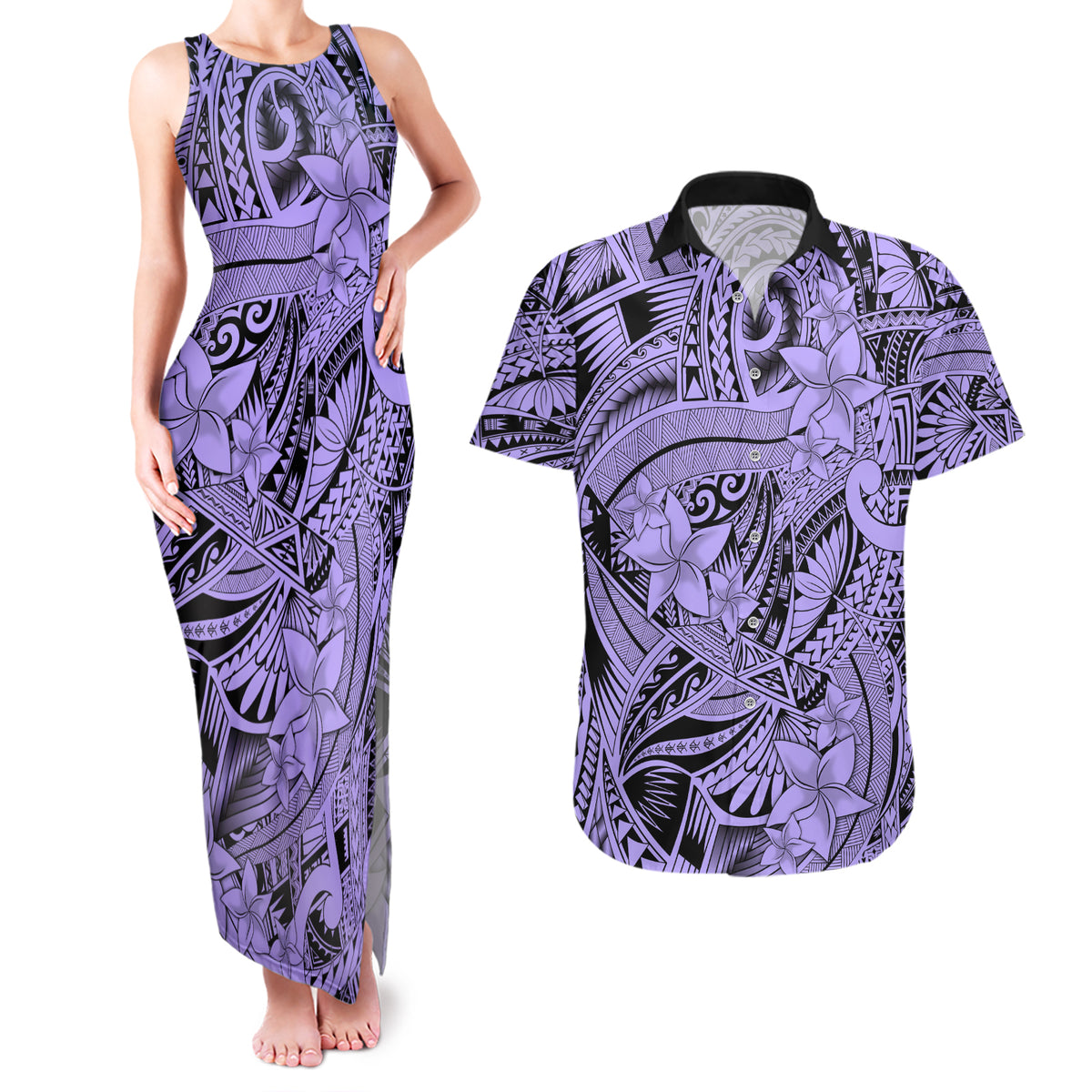 Polynesia Couples Matching Tank Maxi Dress and Hawaiian Shirt Tribal Polynesian Spirit With Violet Pacific Flowers LT9 - Wonder Print Shop