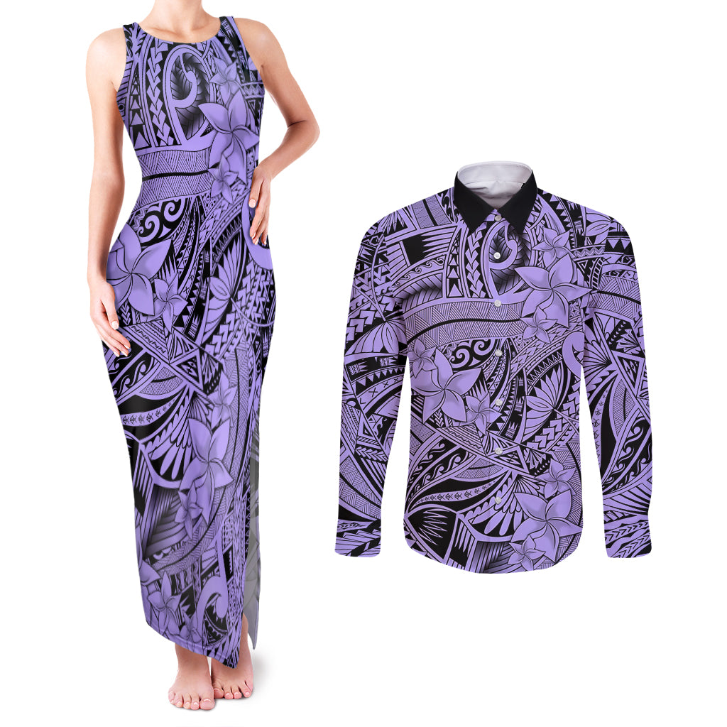 Polynesia Couples Matching Tank Maxi Dress and Long Sleeve Button Shirt Tribal Polynesian Spirit With Violet Pacific Flowers LT9 - Wonder Print Shop
