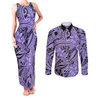 Polynesia Couples Matching Tank Maxi Dress and Long Sleeve Button Shirt Tribal Polynesian Spirit With Violet Pacific Flowers LT9 - Wonder Print Shop