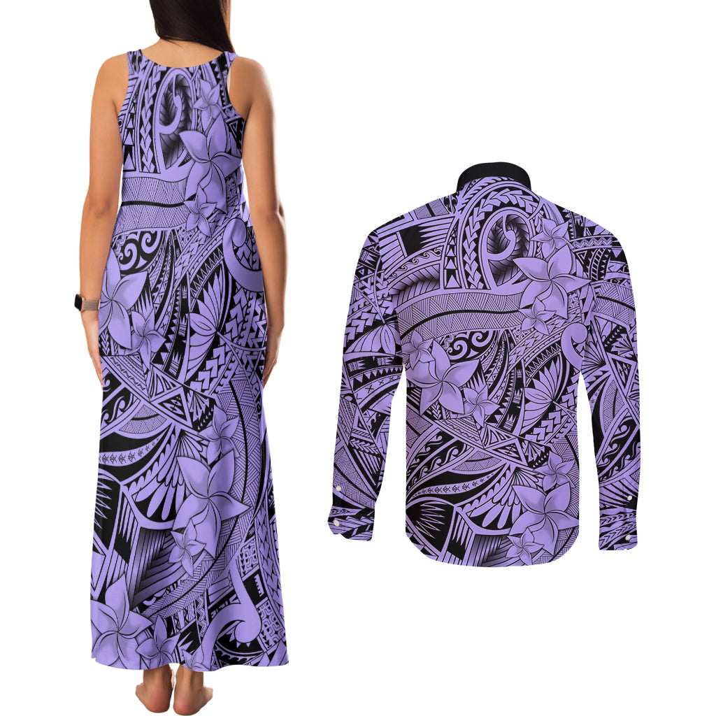 Polynesia Couples Matching Tank Maxi Dress and Long Sleeve Button Shirt Tribal Polynesian Spirit With Violet Pacific Flowers LT9 - Wonder Print Shop