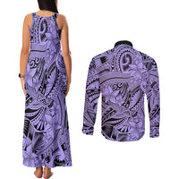 Polynesia Couples Matching Tank Maxi Dress and Long Sleeve Button Shirt Tribal Polynesian Spirit With Violet Pacific Flowers LT9 - Wonder Print Shop