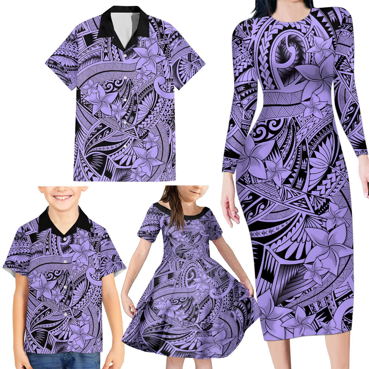 Polynesia Family Matching Long Sleeve Bodycon Dress and Hawaiian Shirt Tribal Polynesian Spirit With Violet Pacific Flowers LT9 - Wonder Print Shop