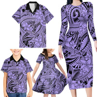 Polynesia Family Matching Long Sleeve Bodycon Dress and Hawaiian Shirt Tribal Polynesian Spirit With Violet Pacific Flowers LT9 - Wonder Print Shop