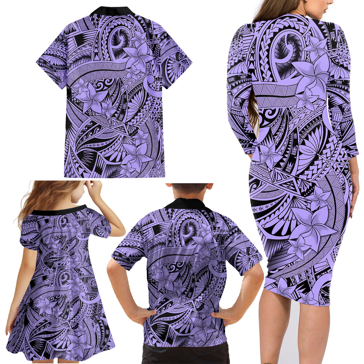 Polynesia Family Matching Long Sleeve Bodycon Dress and Hawaiian Shirt Tribal Polynesian Spirit With Violet Pacific Flowers LT9 - Wonder Print Shop