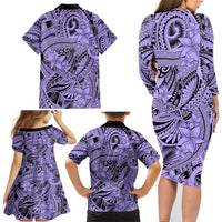 Polynesia Family Matching Long Sleeve Bodycon Dress and Hawaiian Shirt Tribal Polynesian Spirit With Violet Pacific Flowers LT9 - Wonder Print Shop