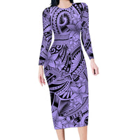 Polynesia Family Matching Long Sleeve Bodycon Dress and Hawaiian Shirt Tribal Polynesian Spirit With Violet Pacific Flowers LT9 - Wonder Print Shop