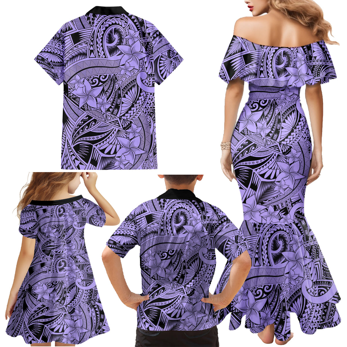Polynesia Family Matching Mermaid Dress and Hawaiian Shirt Tribal Polynesian Spirit With Violet Pacific Flowers LT9 - Wonder Print Shop