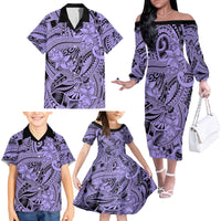 Polynesia Family Matching Off Shoulder Long Sleeve Dress and Hawaiian Shirt Tribal Polynesian Spirit With Violet Pacific Flowers - Wonder Print Shop