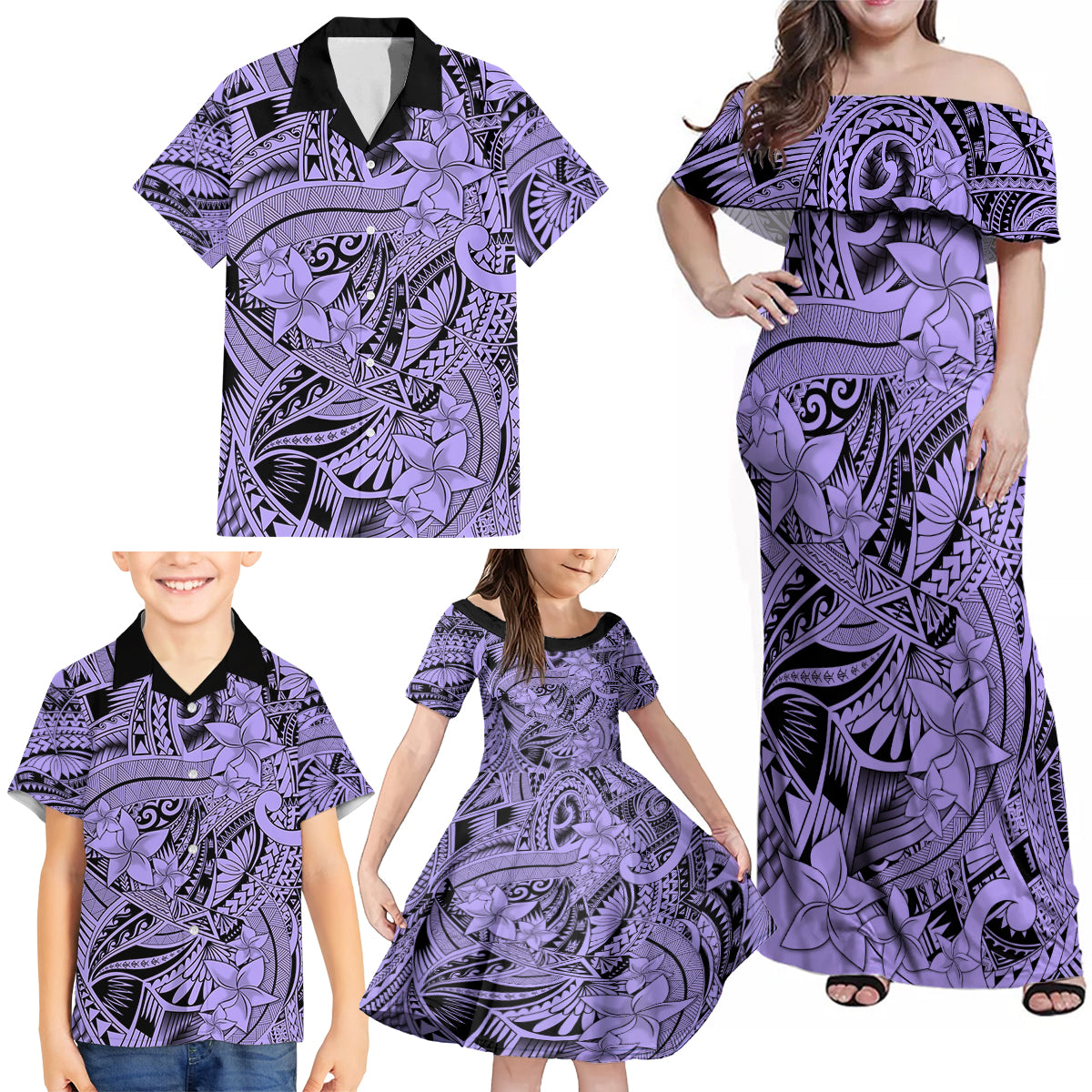 Polynesia Family Matching Off Shoulder Maxi Dress and Hawaiian Shirt Tribal Polynesian Spirit With Violet Pacific Flowers LT9 - Wonder Print Shop