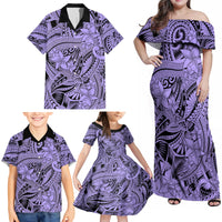 Polynesia Family Matching Off Shoulder Maxi Dress and Hawaiian Shirt Tribal Polynesian Spirit With Violet Pacific Flowers LT9 - Wonder Print Shop