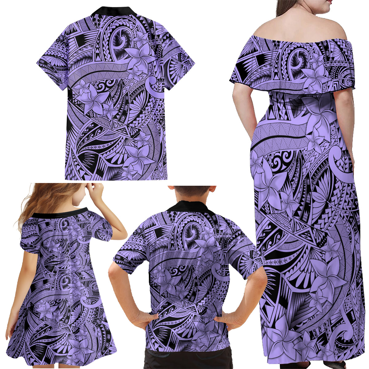 Polynesia Family Matching Off Shoulder Maxi Dress and Hawaiian Shirt Tribal Polynesian Spirit With Violet Pacific Flowers LT9 - Wonder Print Shop