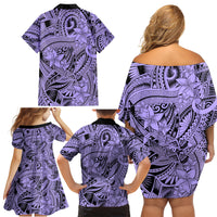 Polynesia Family Matching Off Shoulder Short Dress and Hawaiian Shirt Tribal Polynesian Spirit With Violet Pacific Flowers LT9 - Wonder Print Shop