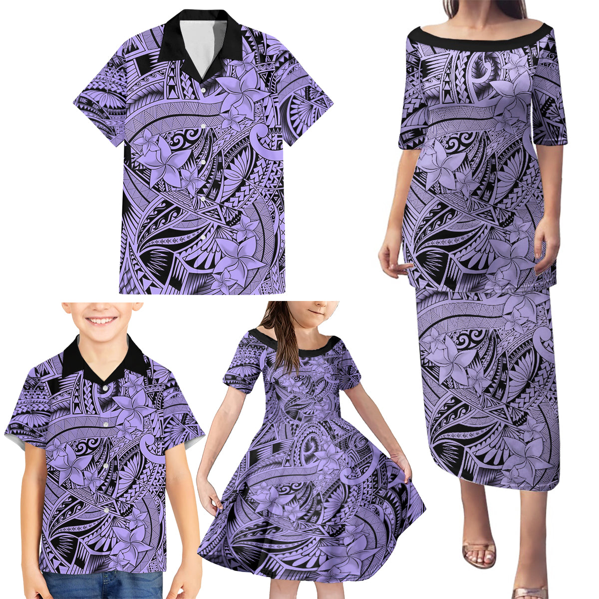 Polynesia Family Matching Puletasi Dress and Hawaiian Shirt Tribal Polynesian Spirit With Violet Pacific Flowers - Wonder Print Shop
