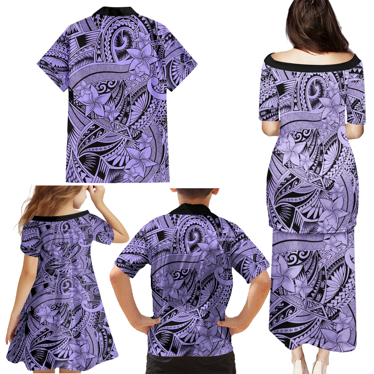 Polynesia Family Matching Puletasi Dress and Hawaiian Shirt Tribal Polynesian Spirit With Violet Pacific Flowers - Wonder Print Shop