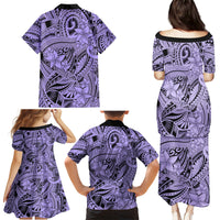 Polynesia Family Matching Puletasi Dress and Hawaiian Shirt Tribal Polynesian Spirit With Violet Pacific Flowers - Wonder Print Shop