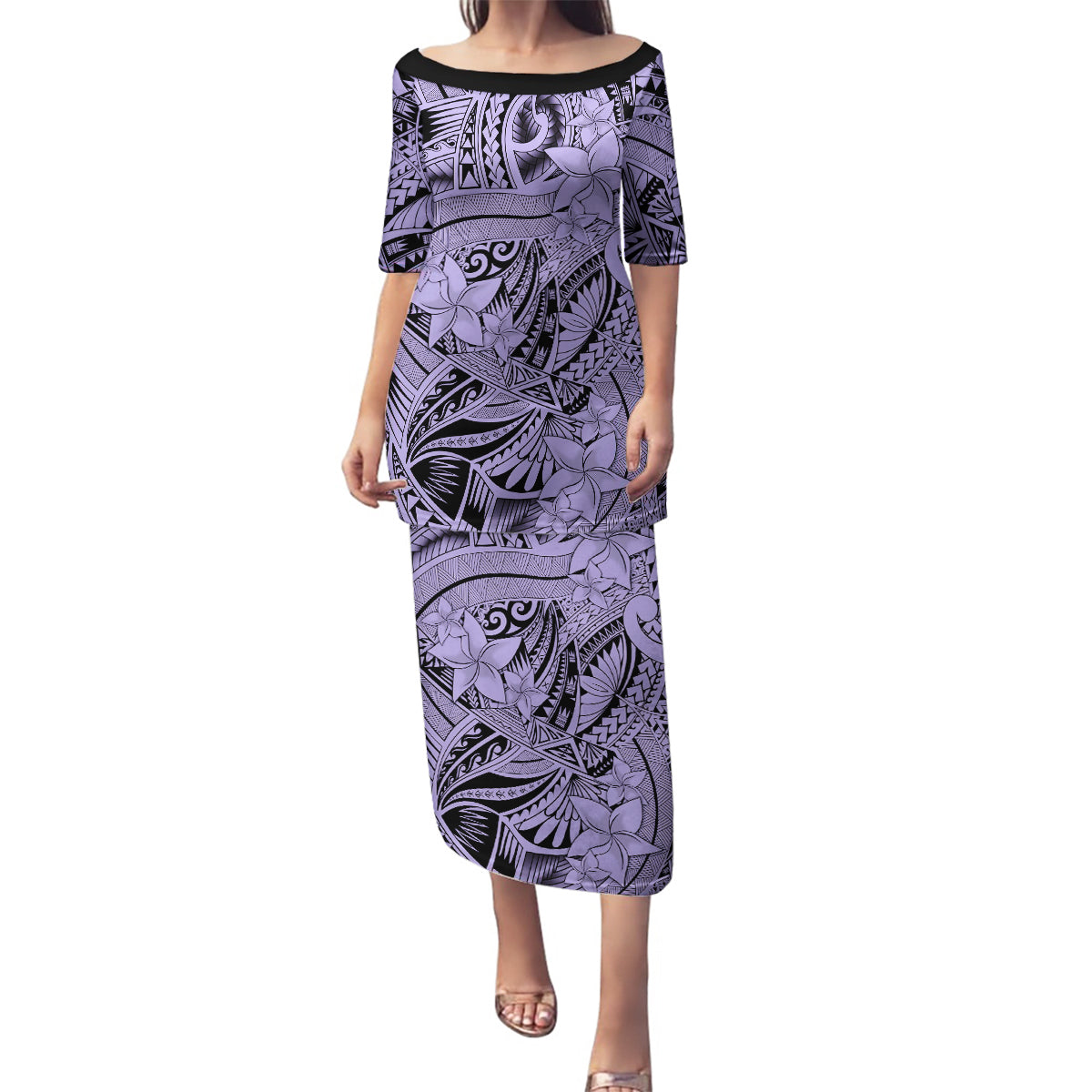 Polynesia Family Matching Puletasi Dress and Hawaiian Shirt Tribal Polynesian Spirit With Violet Pacific Flowers - Wonder Print Shop