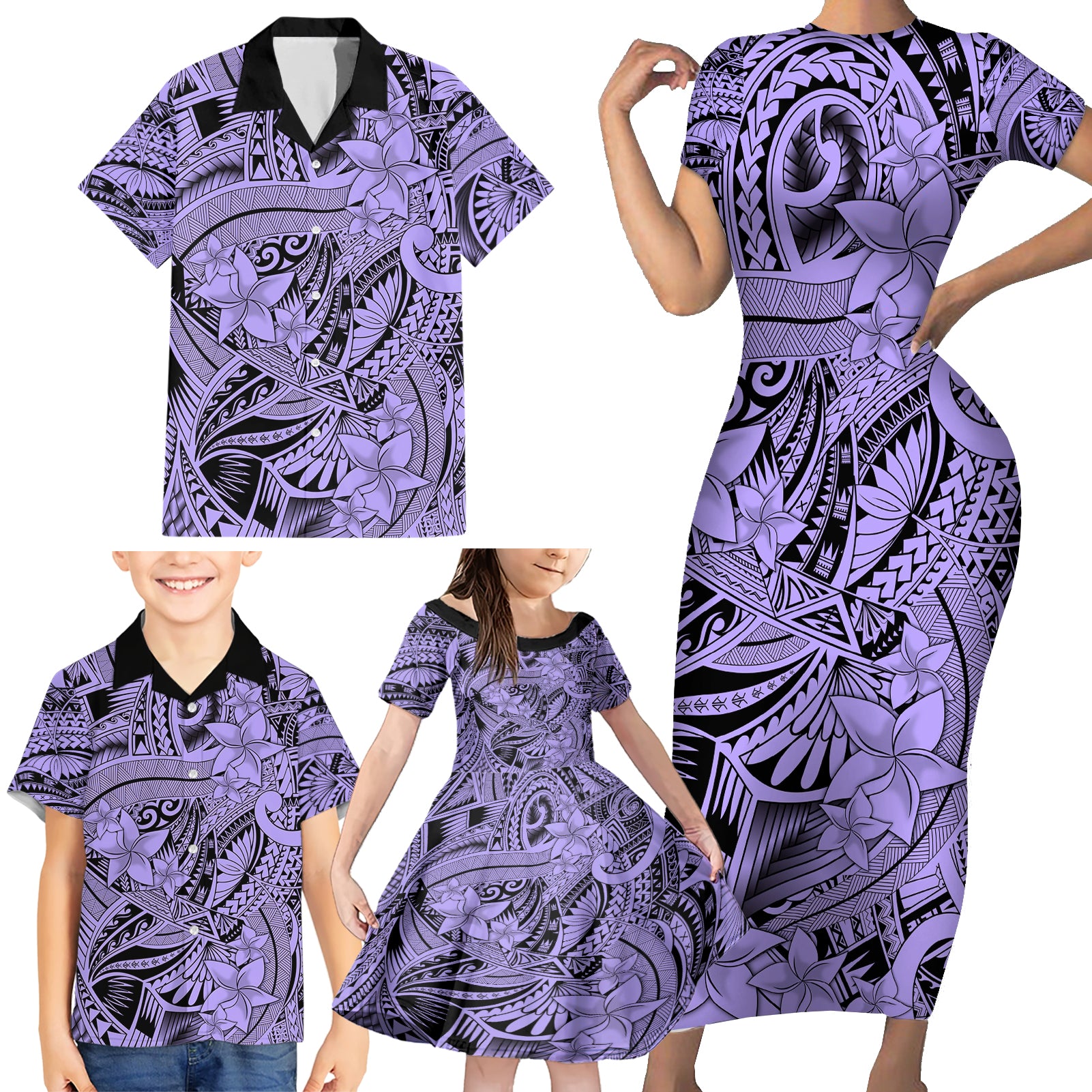 Polynesia Family Matching Short Sleeve Bodycon Dress and Hawaiian Shirt Tribal Polynesian Spirit With Violet Pacific Flowers - Wonder Print Shop