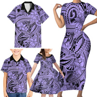 Polynesia Family Matching Short Sleeve Bodycon Dress and Hawaiian Shirt Tribal Polynesian Spirit With Violet Pacific Flowers - Wonder Print Shop