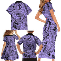 Polynesia Family Matching Short Sleeve Bodycon Dress and Hawaiian Shirt Tribal Polynesian Spirit With Violet Pacific Flowers - Wonder Print Shop