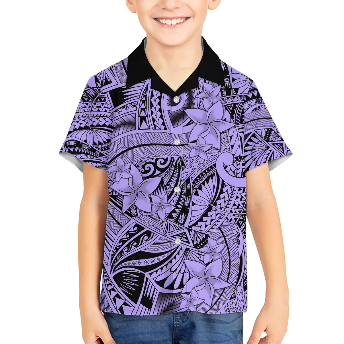 Polynesia Family Matching Short Sleeve Bodycon Dress and Hawaiian Shirt Tribal Polynesian Spirit With Violet Pacific Flowers - Wonder Print Shop